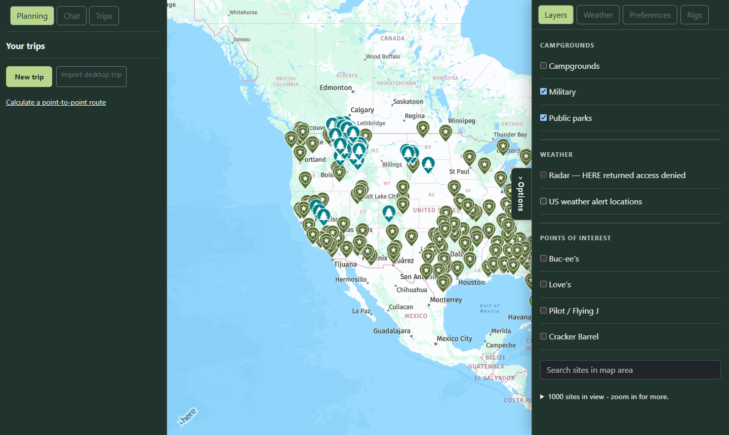 The planner map with military destination pins and selectable campground and travel-stop layers
